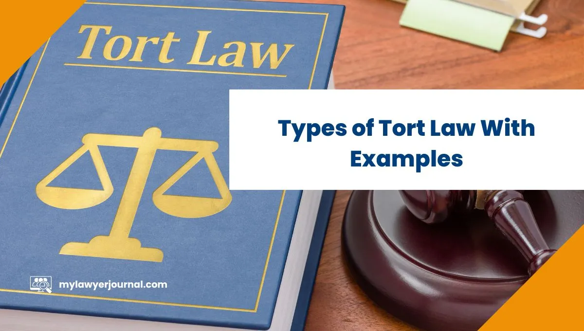 Book titled 'Tort Law' and a gavel, representing the topic 'Types of Tort Law With Examples'.